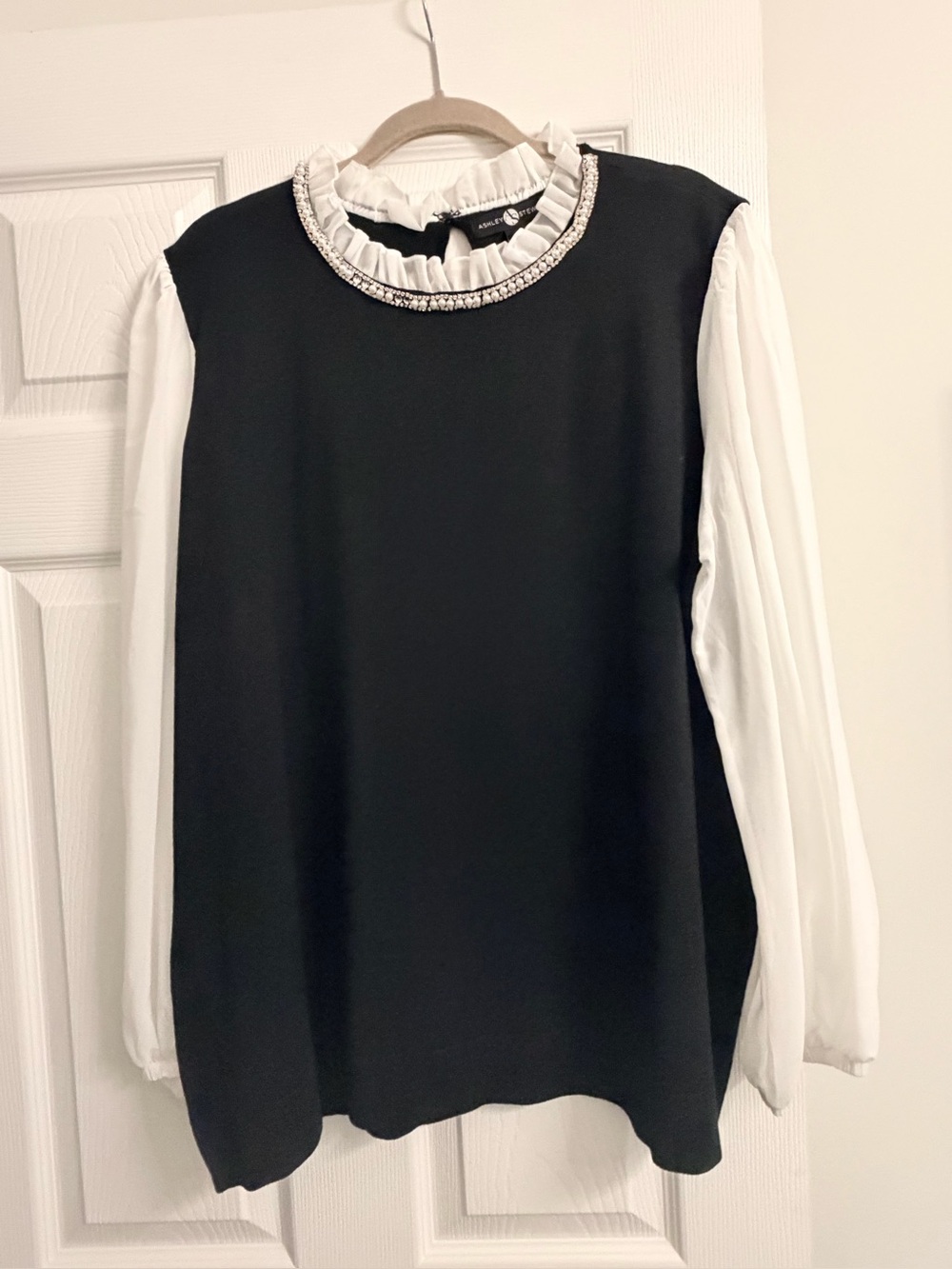 Anna Sui Black & White Ruffle-Neck Blouse